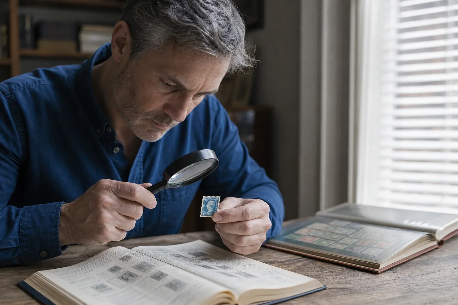 Collector studying an ordinary vintage stamp with a magnifier beside stamp albums and reference material