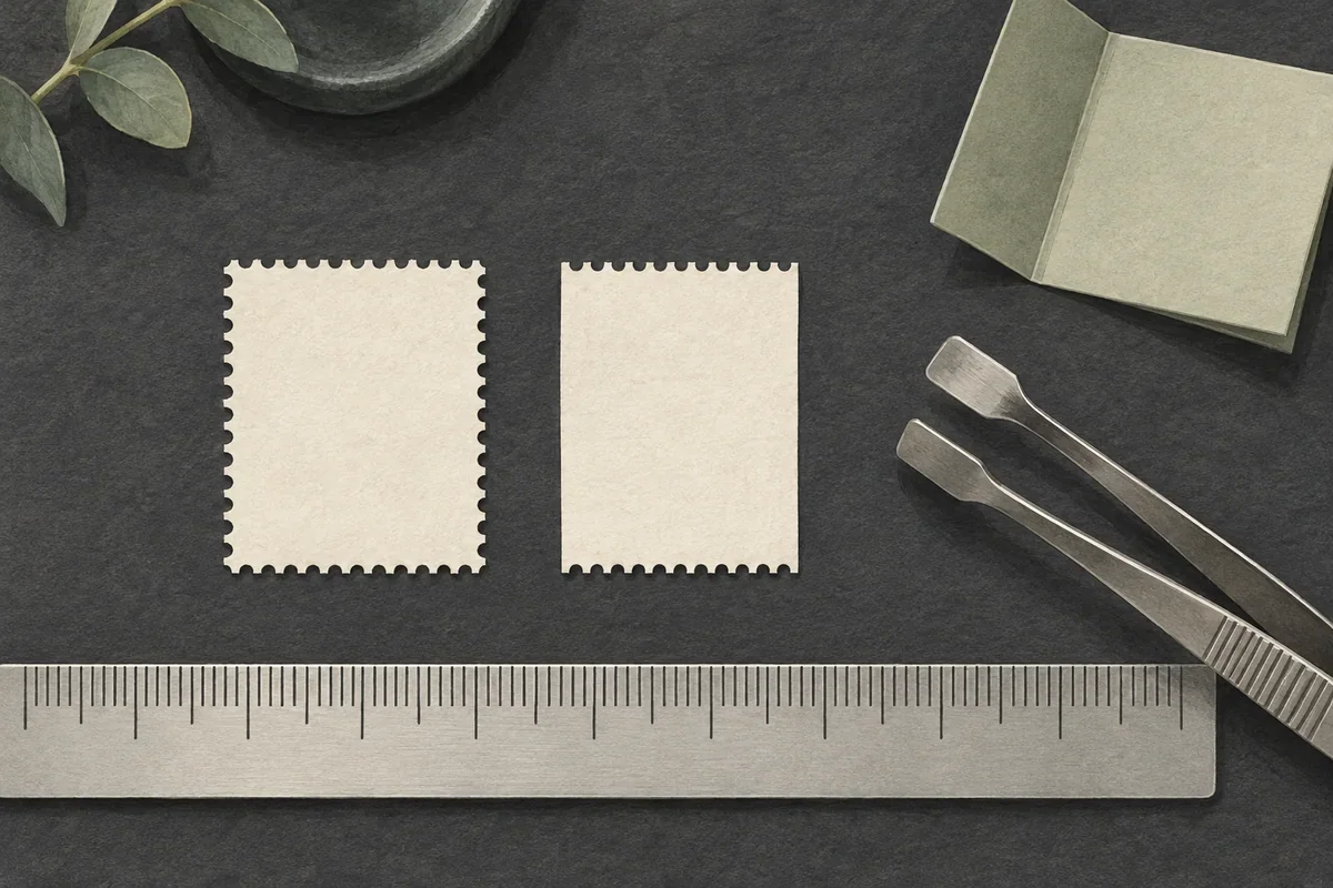 Original illustration of blank perforated paper, tongs and an unnumbered scale for format inspection