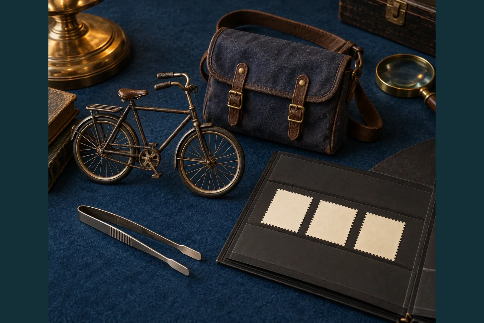 Illustration originale d'une bicyclette miniature, d'une sacoche de messager et de papier dentelé vierge dans un classeur sur feutre bleu