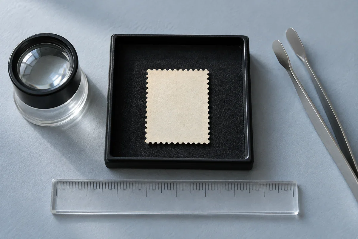 Original illustration of blank perforated paper in a dry black tray beside a loupe, tongs and an unmarked measuring strip