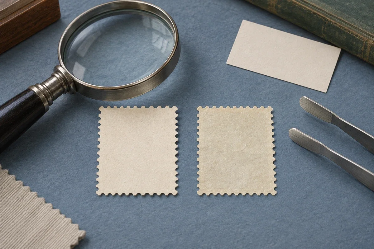 Generated illustration of a magnifier, two blank perforated papers and tongs on a blue surface
