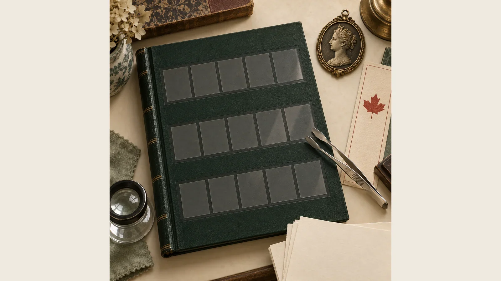Original illustration of an empty green stockbook, stamp tongs and a Victorian cameo beside a maple-leaf bookmark