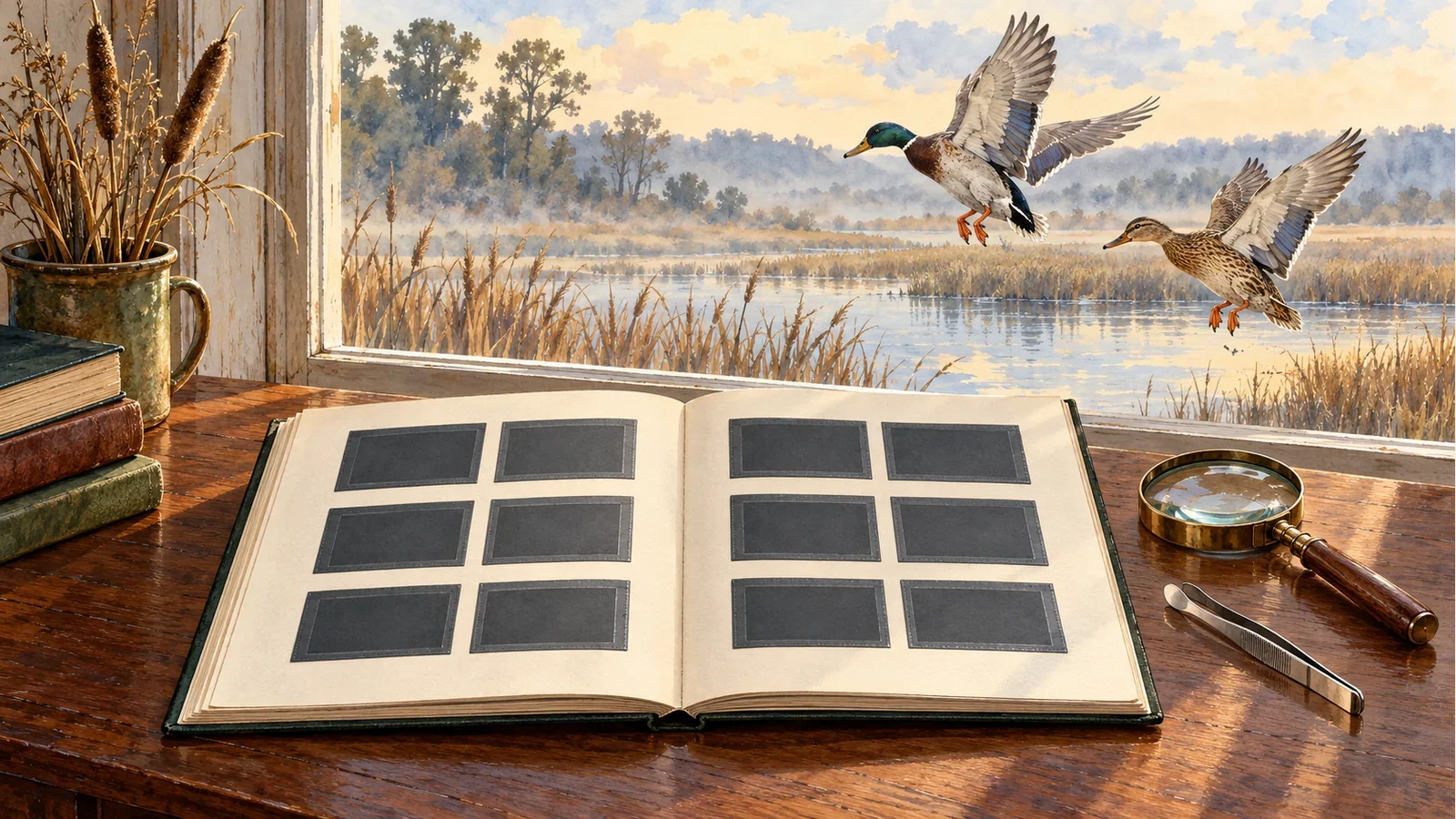 Generated editorial illustration of an empty stamp album beside a marsh window with two mallards